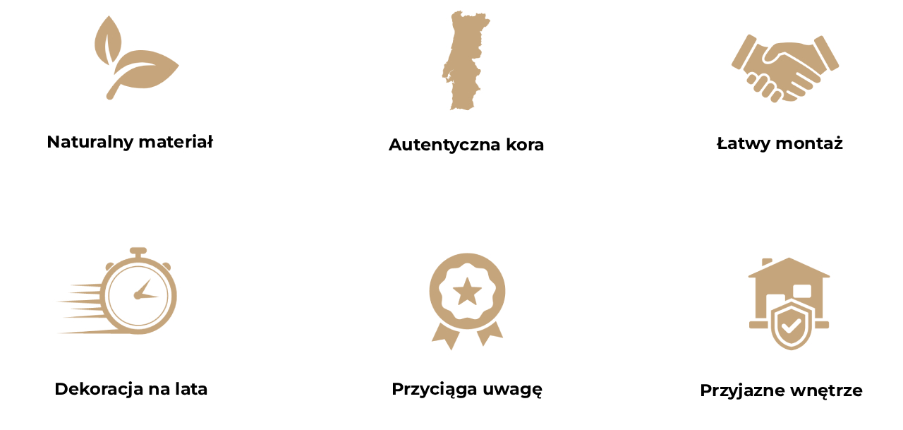 Obraz
            przedstawia psześć ikon opisujących zalety dekoracyjnej kory korkowej.